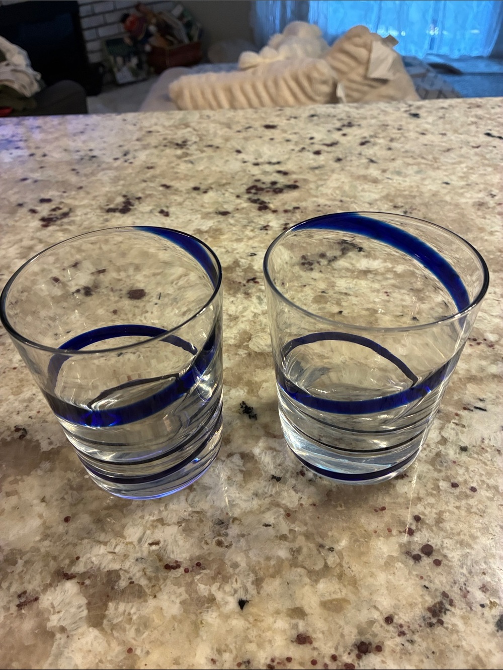 Pier 1 Clear Handblown double old fashion glasses Cobalt Blue Band - Set of 2